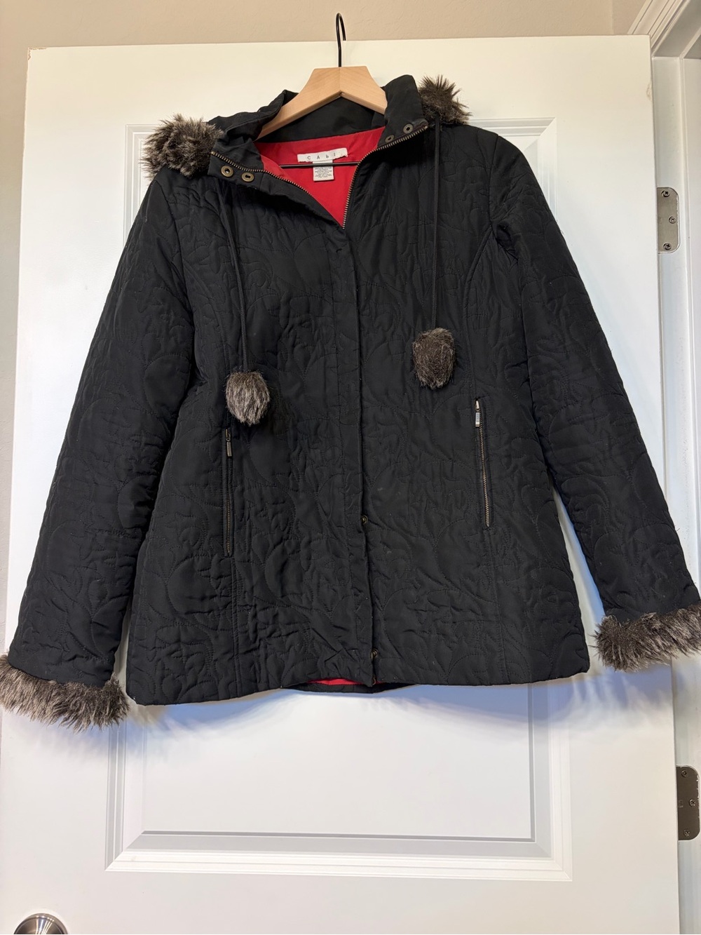 CAbi Black Quilted Puffer Jacket with Faux Fur Trim